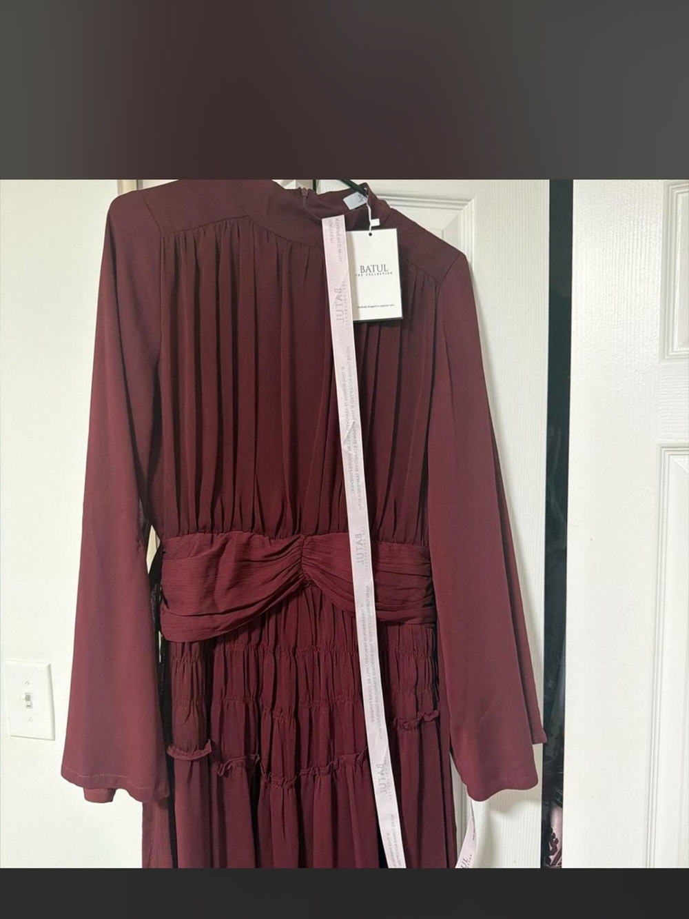 Burgundy Long Sleeve Midi Dress with Twisted Waist